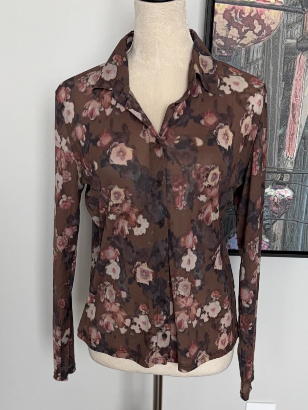 Truth Brown Floral Semi-Sheer Button-Down Top L